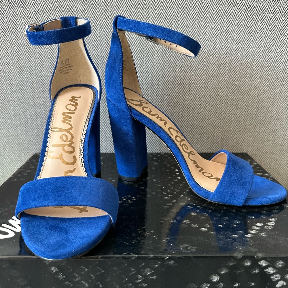 NEW Sam Edelman Yaro Block Heeled Suede Sandals Ankle Strap, Blue, 5.5 - Picture 1 of 6
